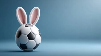Obraz premium Soccer Ball Easter Bunny Concept on Blue Background. Copy space. 