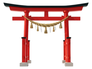 Isolated Japanese Shinto torii gate with red beams, black roof, and rope with paper streamers