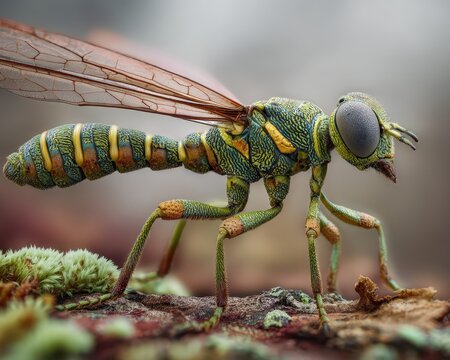 Lizard Encounter with a Dirt Dauber: A Closeup of Nature's Intriguing Insects in Vibrant Green Habitat