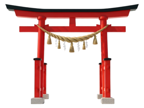Isolated Japanese Shinto torii gate with red beams, black roof, and rope with paper streamers