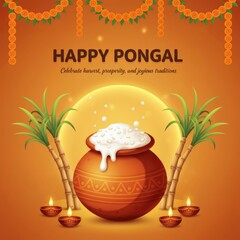 Happy Pongal festival celebration with pot sugarcane and diya lamps harvest tradition