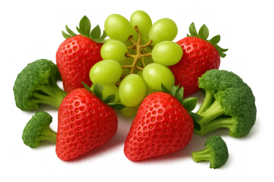 Healthy eating concepts with fresh green grapes, red strawberries and green broccoli creating a nutritious diet