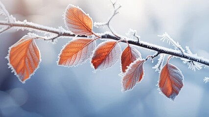 frost covered leaves at dawn with soft blue tones and warm backlight, sparkling ice crystals on stems, shallow depth of field, gentle bokeh highlights, - Powered by Adobe