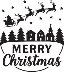 detailed festive &ldquo;Merry Christmas&rdquo; silhouette scene, classic sleigh silhouette with four reindeer mid-flight,black silhouette on white background &mdash; crisp, timeless, and perfect for holiday cards .