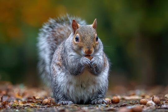 Ravenous Western Grey Squirrel foraging on the ground in Autumn hues in Issaquah, Washington &acirc;&euro;&ldquo; A fluffy adult enjoying a nut in a serene fall landscape