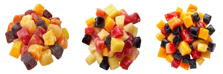 A vibrant array of diced fruits in three separate piles