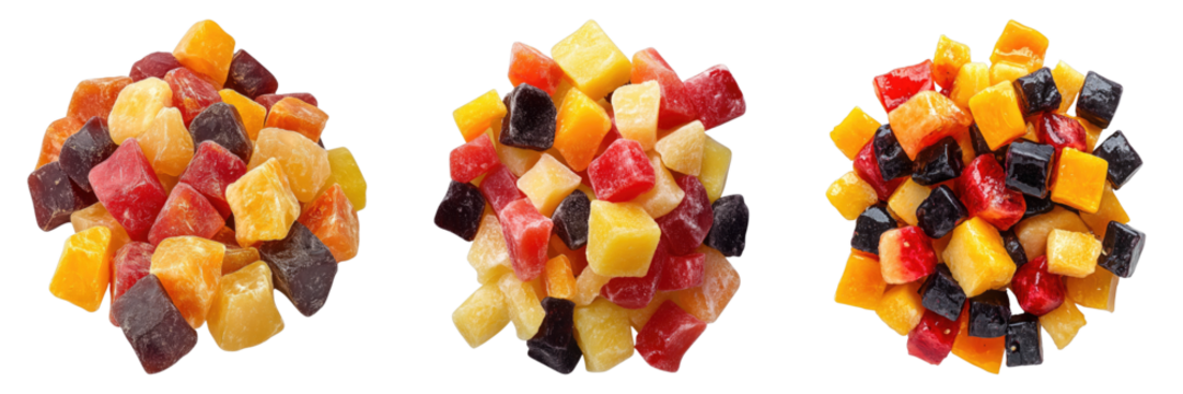 A vibrant array of diced fruits in three separate piles