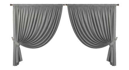 Two draped, grey, silk-like curtains pulled back with ties, hanging against a dark background