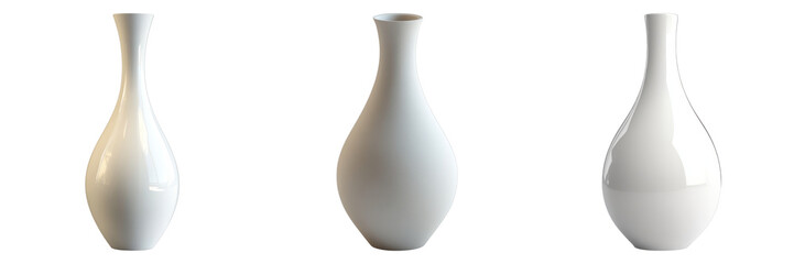 Three elegant white ceramic vases of different shapes, creating a minimalist and sophisticated display. The variations in form and smooth surfaces add a touch of modern design to the setting.