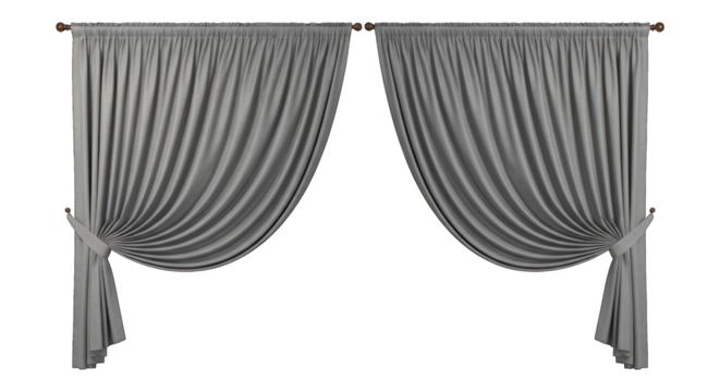 Two draped, grey, silk-like curtains pulled back with ties, hanging against a dark background