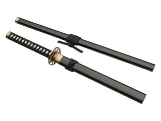 Fototapeta premium Two katana swords in black scabbards, one unsheathed, on a dark background