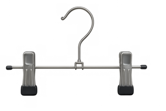 Metal pants hanger with clips on transparent background