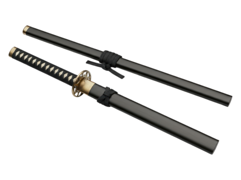 Two katana swords in black scabbards, one unsheathed, on a dark background