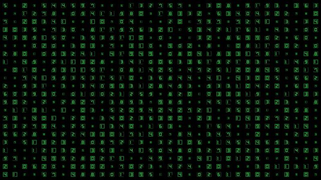 Digital matrix style background with green numbers in boxes on black screen visual