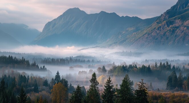 Serene Snoqualmie Valley: An Autumn Morning in the Enchanting Pacific Northwest Forest with Misty Mount Si