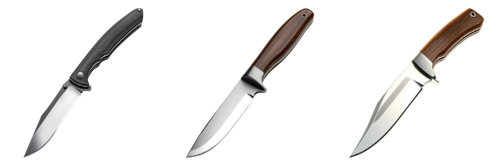 Three different knives with distinct handles and blades displayed against a clean background