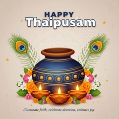 Happy Thaipusam festival greeting with pot peacock feathers and diyas image