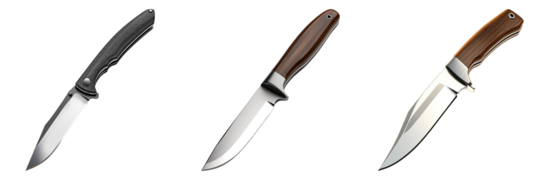 Three different knives with distinct handles and blades displayed against a clean background