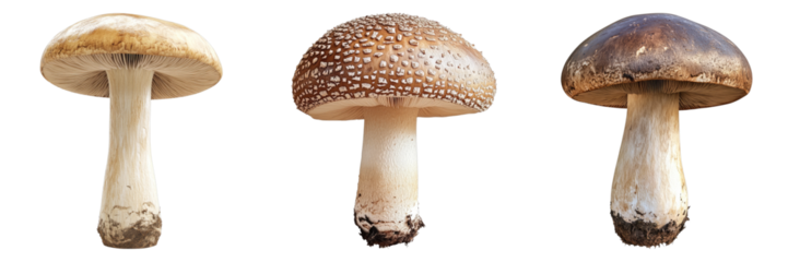 Three different mushrooms, each with unique caps and stems, isolated against a plain background