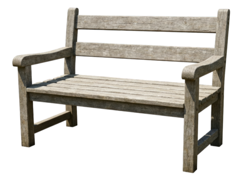 Weathered wooden bench, with armrests and back support, isolated against a transparent backdrop