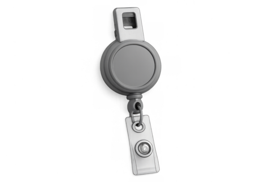 Retractable badge holder with plastic clip on transparent background