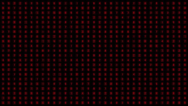 Red numbers in boxes arranged in a grid pattern on a black background creating a digital effect