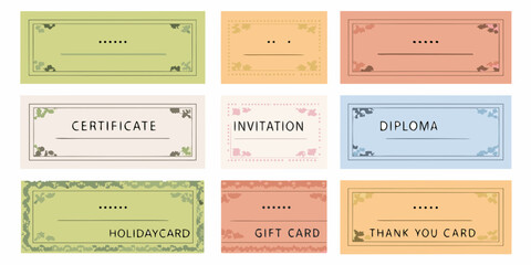 Collection of nine decorative certificates invitations diplomas gift cards and holiday thank you cards in pastel colors