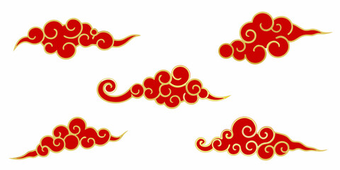 Traditional red and gold swirling clouds decorative elements isolated on white background
