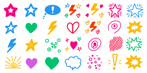 Collection of colorful hand drawn doodle icons including stars hearts lightning bolts and speech bubbles