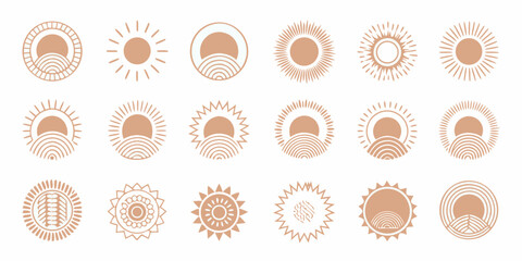 Collection of modern abstract sun icons and symbols in a warm earthy tone