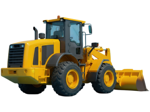 A bright yellow construction loader with large tires against a black background