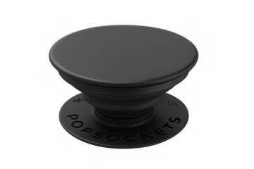 Black collapsible phone grip and stand on transparent background