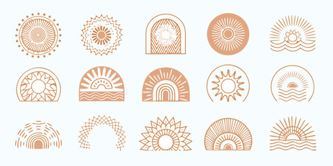 Collection of boho sun and rainbow icons with abstract geometric shapes and waves