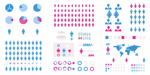 Collection of infographic elements including pie charts people icons and world map for data visualization