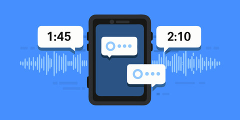 Modern smartphone displaying chat bubbles and audio waveform with timestamps representing communication and messages