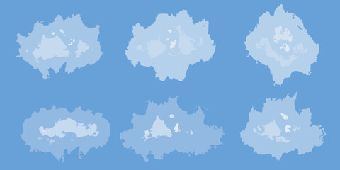 Six abstract light blue cloud shapes with irregular edges scattered across a solid blue background