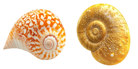 Two unique seashells with intricate patterns. The shells showcase a spiral shape with different colors. They are captured close-up, highlighting their textures and details