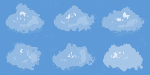 Abstract watercolor style clouds scattered across a textured blue sky background