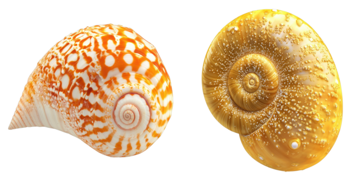 Two unique seashells with intricate patterns. The shells showcase a spiral shape with different colors. They are captured close-up, highlighting their textures and details