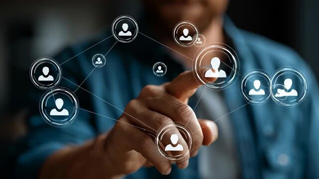 Man interacts with virtual social network interface, touching digital icons symbolizing network connections and communication.