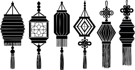 Chinese traditional lanterns vector set with various shapes and tassels black silhouette design