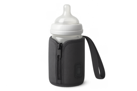 Baby bottle in portable warmer sleeve for feeding