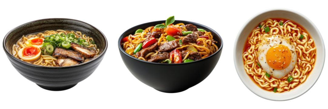 Three bowls of appetizing ramen, each with its unique ingredients and flavors. The noodles are expertly arranged, showcasing the variety of dishes
