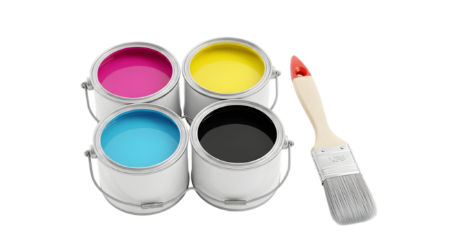 Four open paint cans with cyan, magenta, yellow, and black ink, and a paintbrush