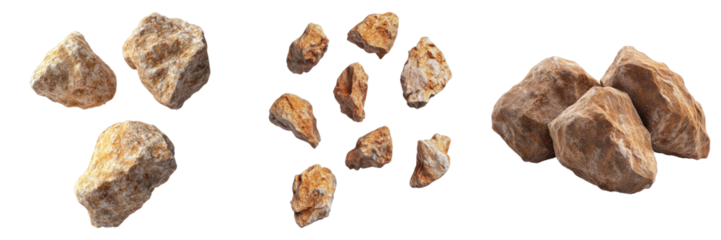 A collection of various sized rocks displayed in three groups