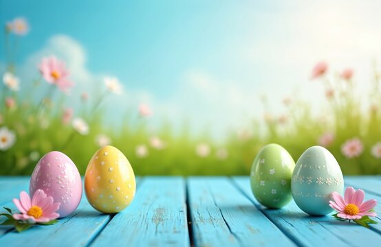 Pastel colored easter eggs and pink flowers rest on a rustic blue wooden table. Blurred green meadow and blue sky with soft clouds form a festive spring background.