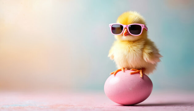 Fluffy yellow chick wearing pink sunglasses sits on pastel pink egg. Adorable newborn fowl has soft downy feathers and tiny orange legs. Springtime bird pose.