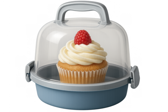 Raspberry cupcake in portable dessert carrier on transparent background