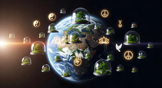 Fragile Earth: Trees Under Glass Domes with Peace Symbols in Space