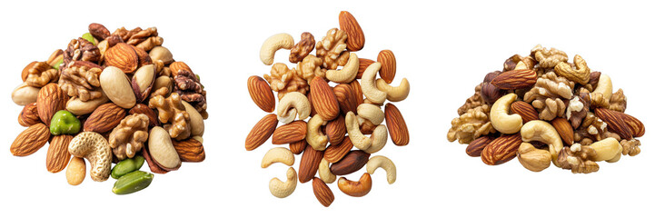 A diverse assortment of various nuts, including walnuts, almonds, cashews, and pistachios. Each nut is displayed, presenting a visual feast of natural flavors and textures.